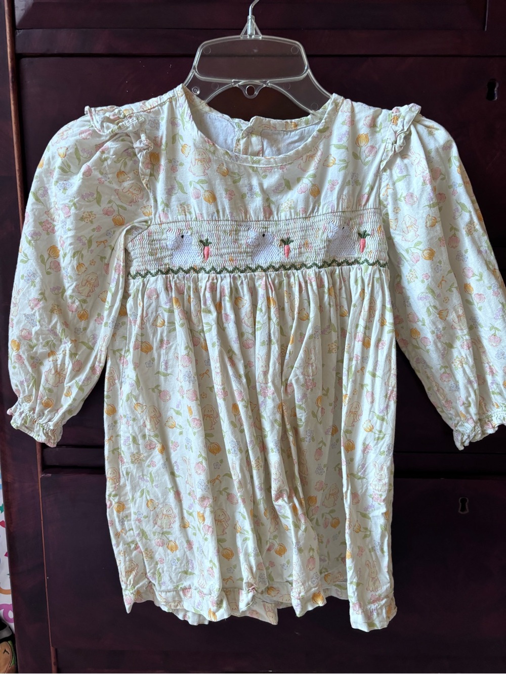 Girls Cream Floral Bunny Smocked dress